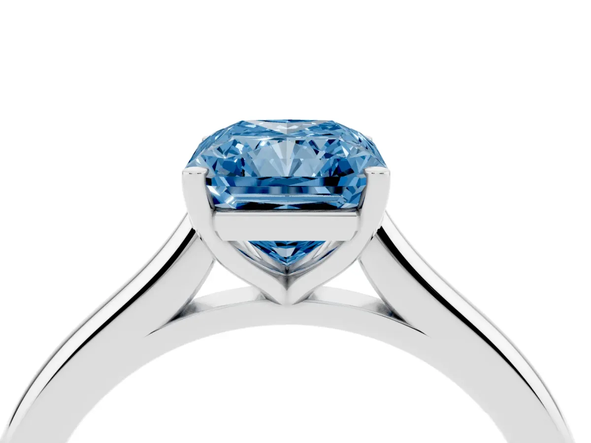 Fancy Blue Radiant Cut Cut Solitaire Ring with Cathedral Band and Four-Prong Setting Platinum