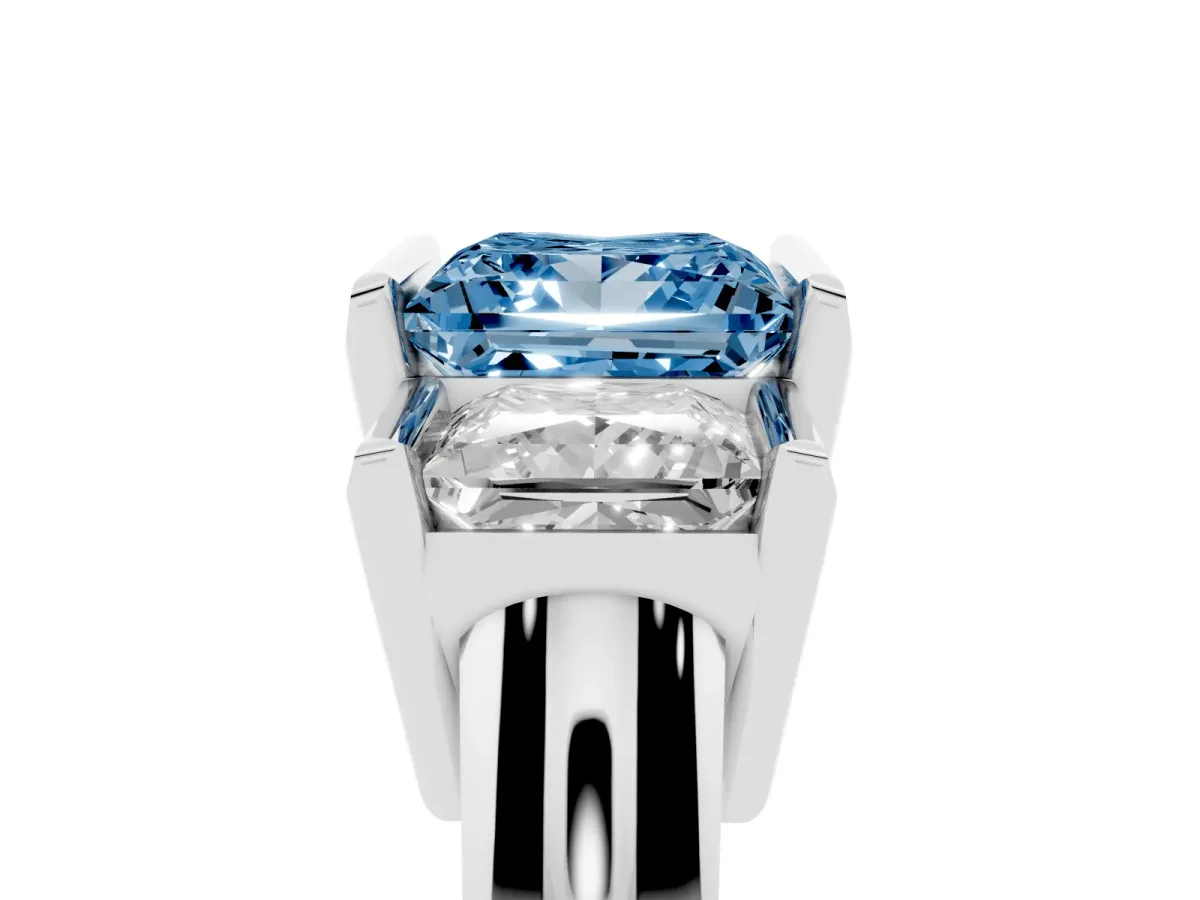 Fancy Blue Three Stone Princess Cut Cut Channel Set Diamond Ring Silver