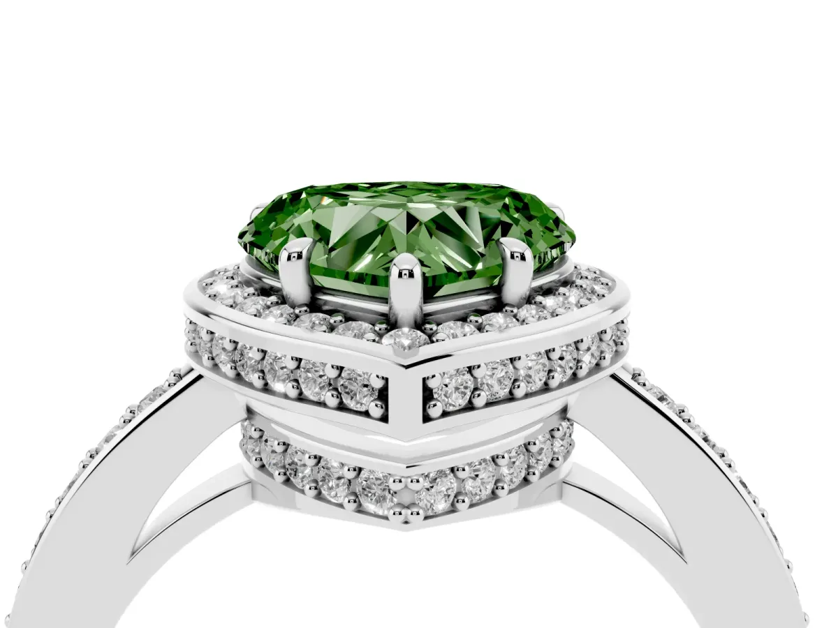 Fancy Green Heart Cut Halo Pave Band Solitaire Ring with Prong Setting White gold