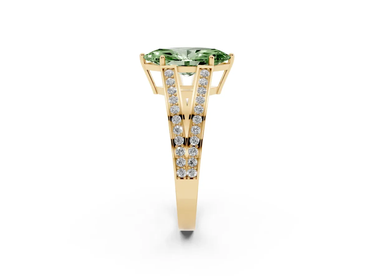 Fancy Green Marquise Cut Diamond Split Shank Ring with Pavé Band and Four-Prong Setting Yellow gold
