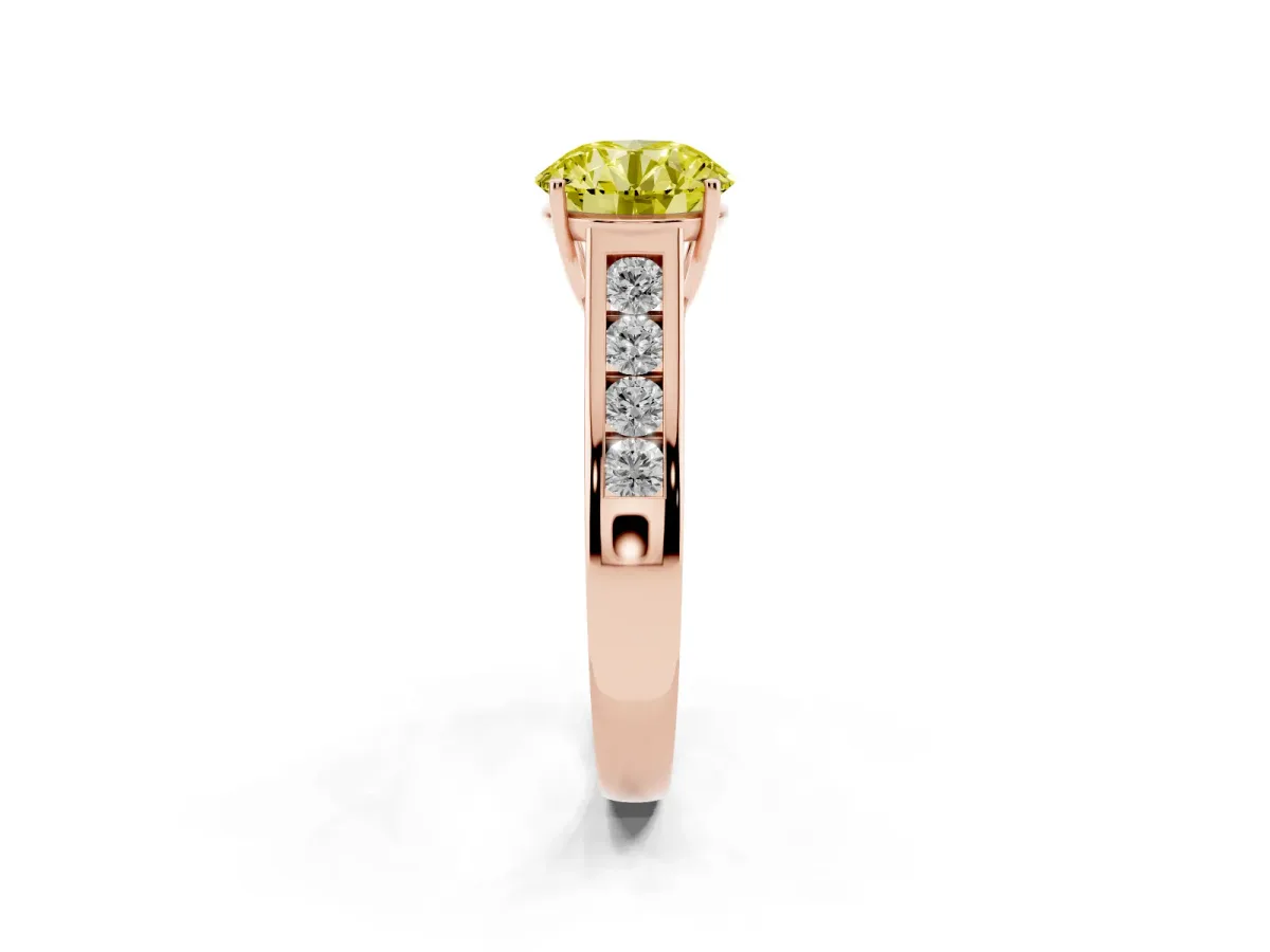 Fancy Yellow Round Cut Brilliant Channel-Set Solitaire Ring with Four-Prong Setting Rose gold