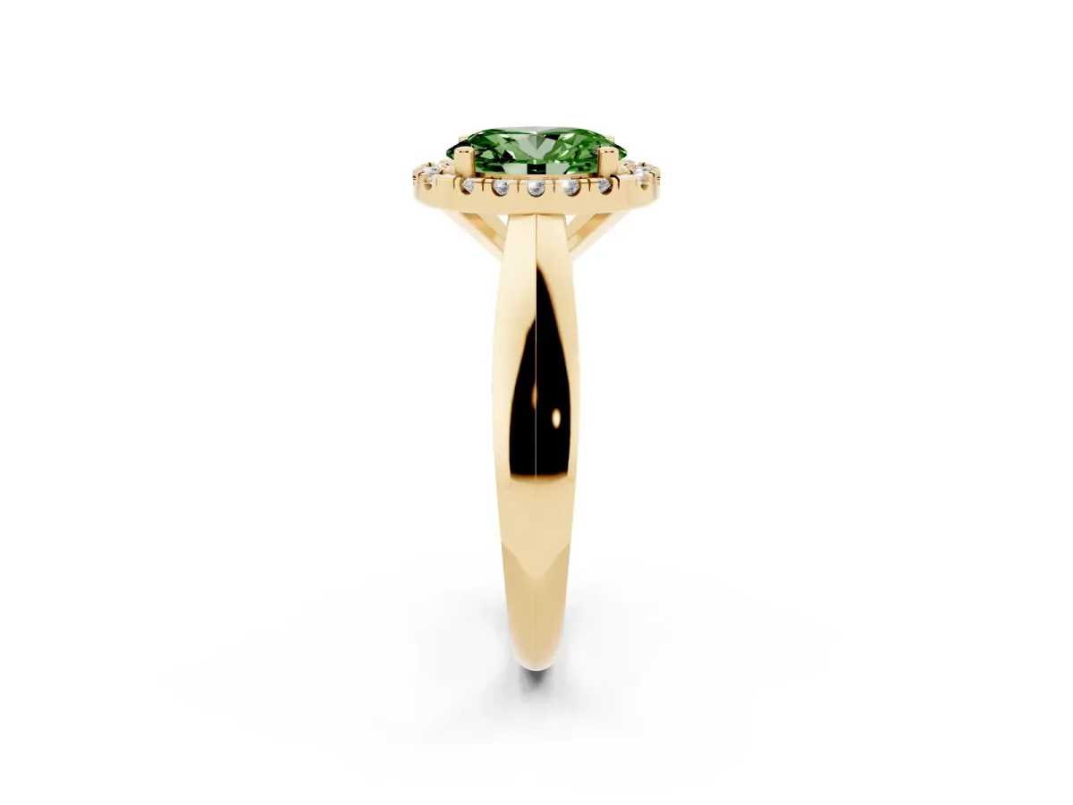 Fancy Green Oval Cut Cut Halo Solitaire Engagement Ring with Square Band and Four-Prong Setting Yellow gold
