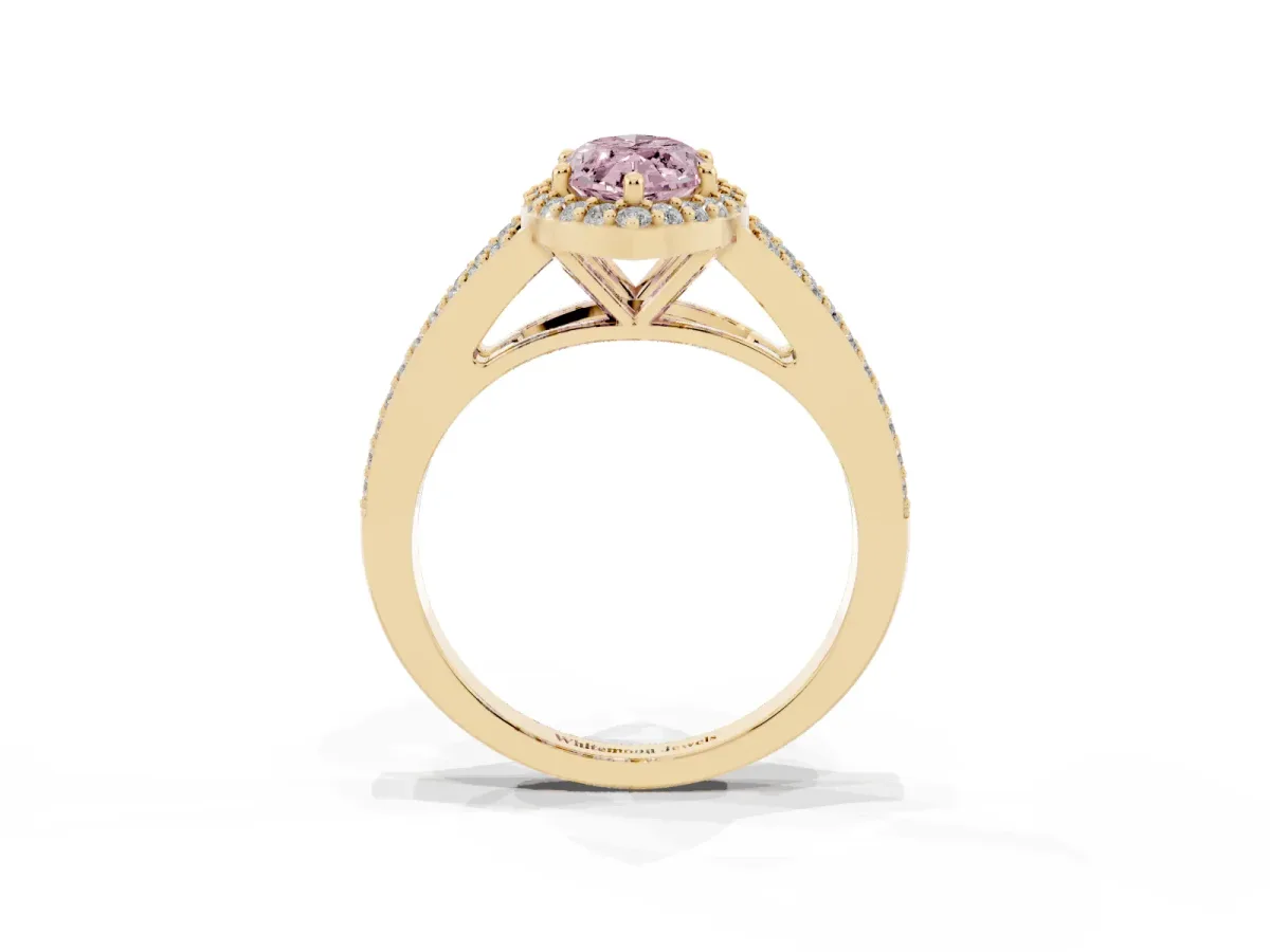 Fancy Pink Marquise Cut Halo Split Shank Pave Diamond Ring with Four-Prong Setting Yellow gold