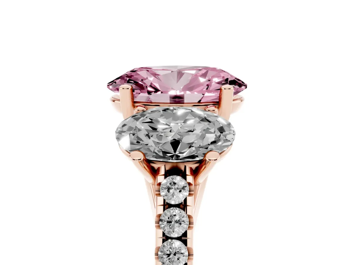 Fancy Pink Three-Stone Oval Cut Diamond Ring with Round Pavé Band and Prong Setting Rose gold