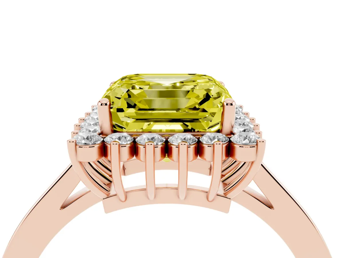 Fancy Yellow Asscher Cut Cut Diamond Halo Ring with Round Brilliant Halo and Solitaire Band Rose gold