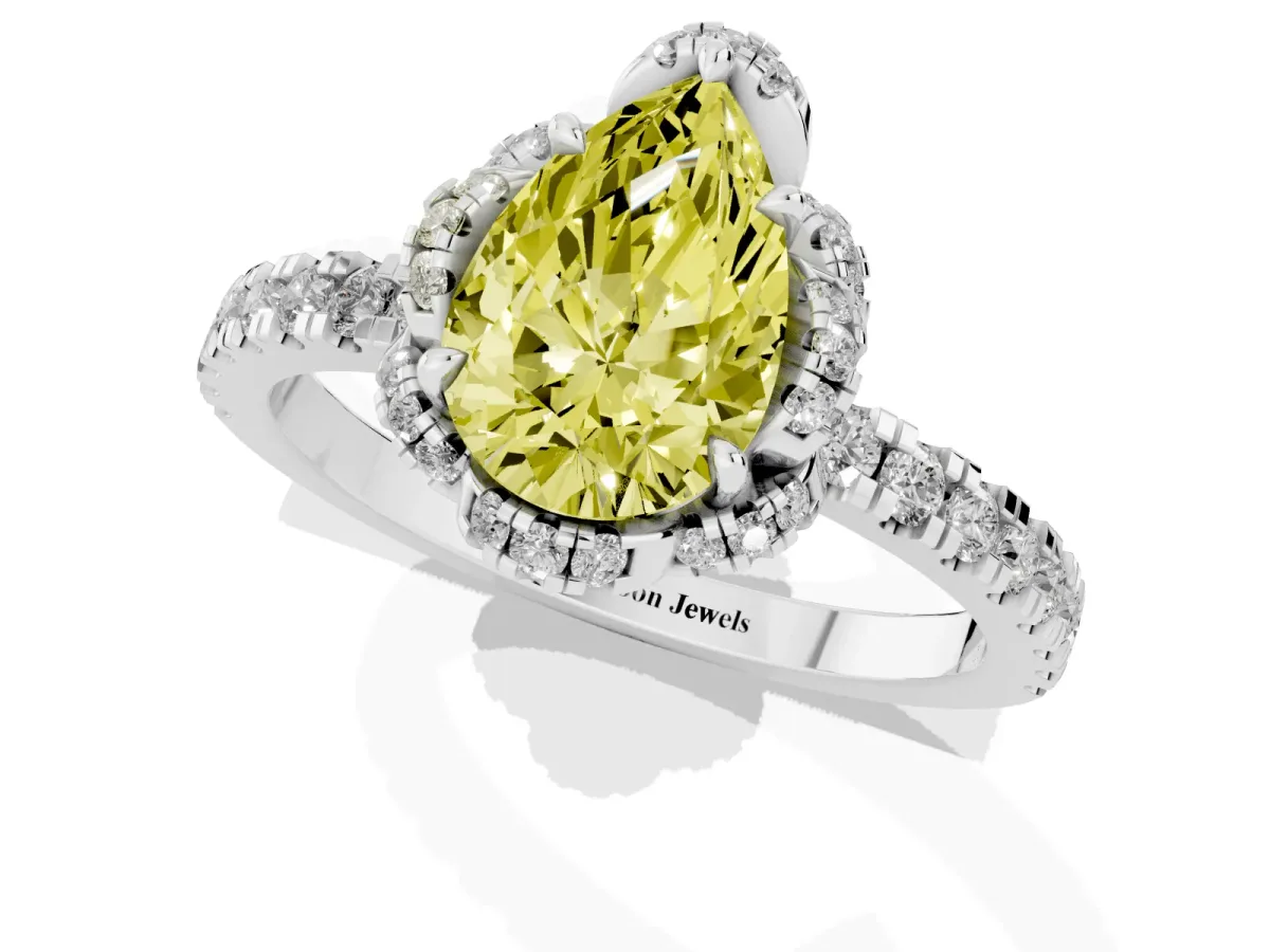 Fancy Yellow Pear Cut Diamond Halo Pave Band with Four-Prong Setting Silver