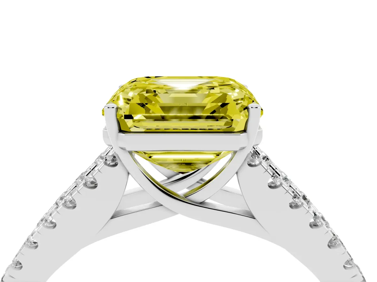 Fancy Yellow Asscher Cut Diamond Split Shank Engagement Ring with Round Pavé and Prong Setting Silver