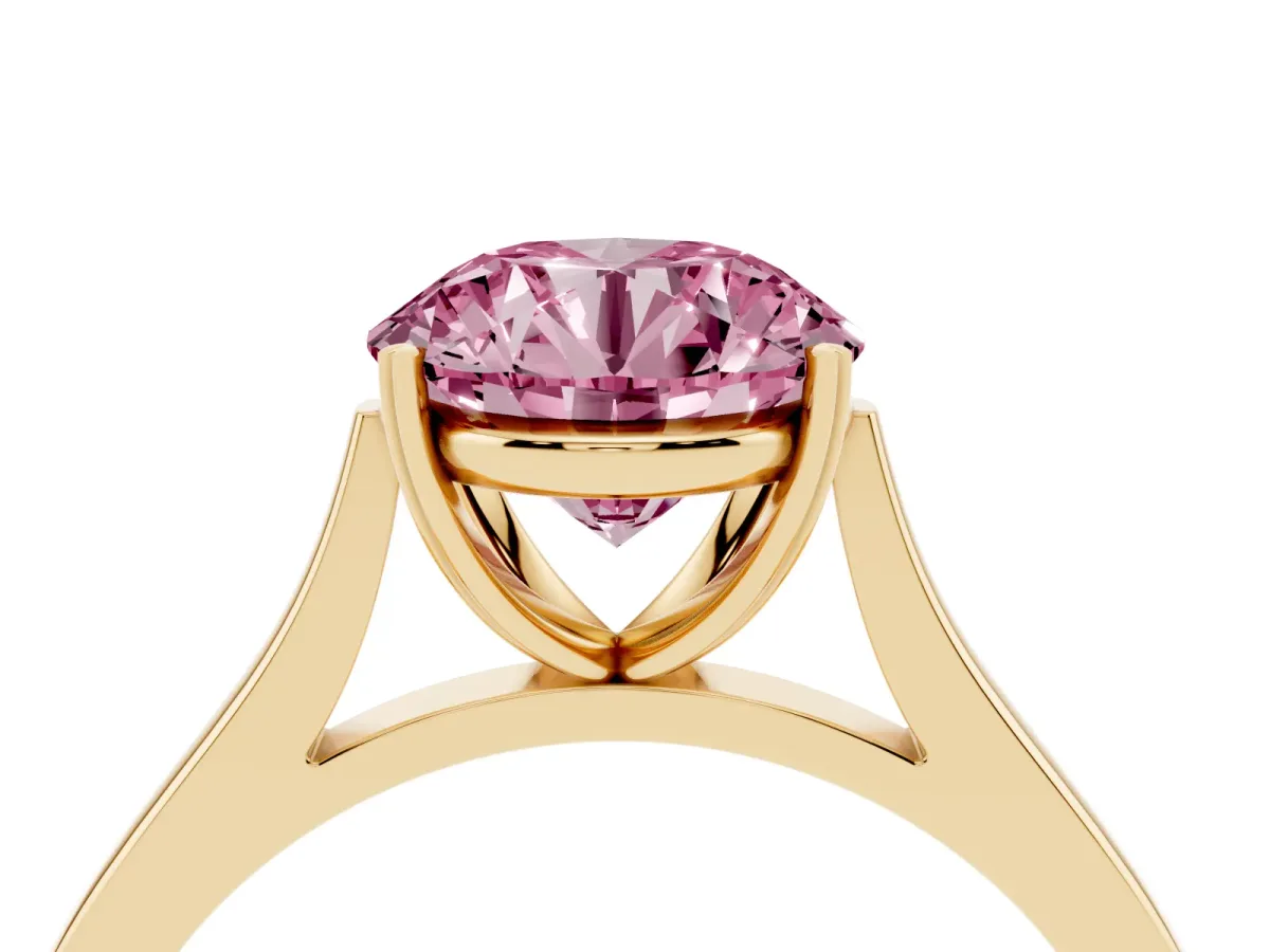 Fancy Pink Round Cut Solitaire Heart Prong Engagement Ring with Tapered Band Yellow gold