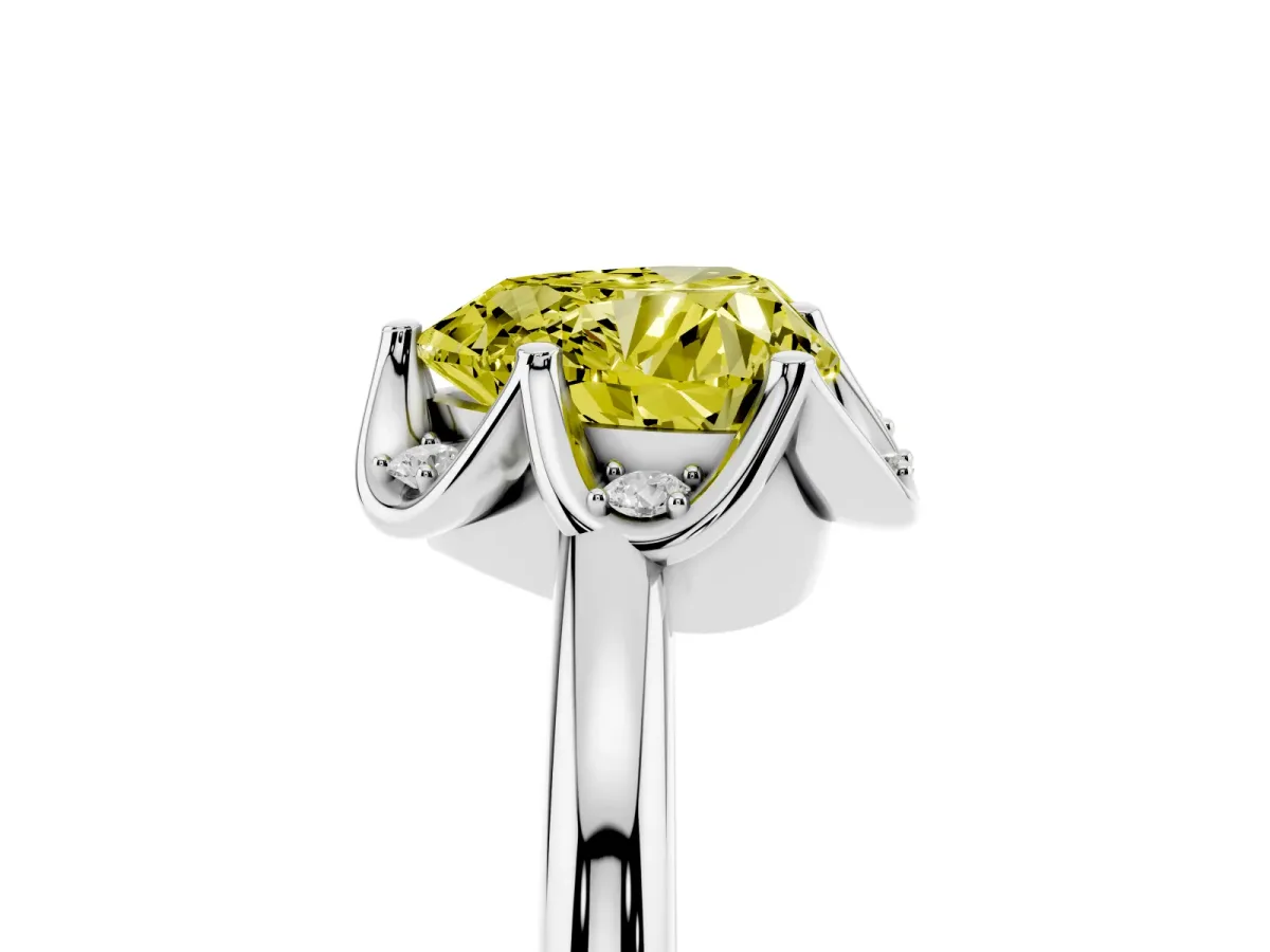 Fancy Yellow Heart Cut Halo Diamond Ring with Round Cluster Setting, Solitaire Band, and Four-Prong Setting White gold