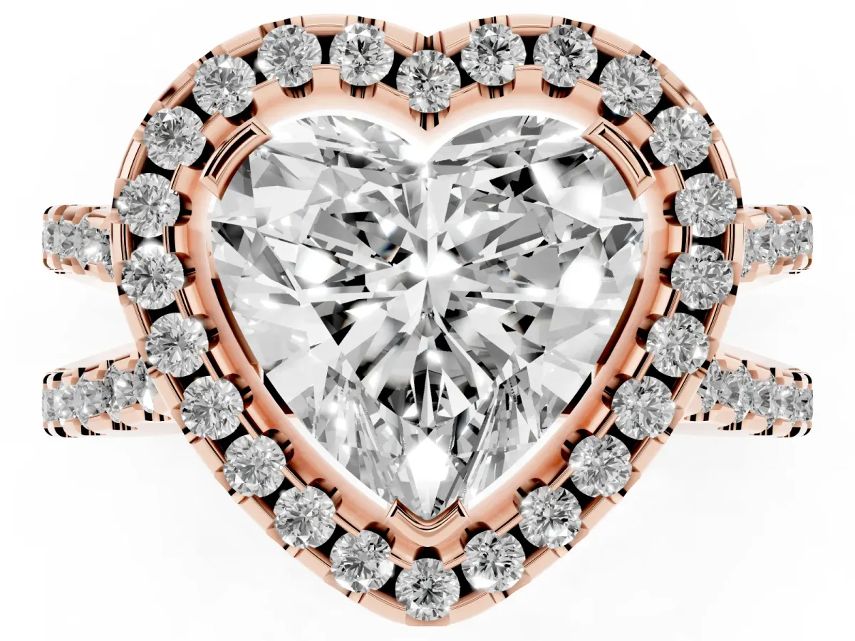 Heart Cut Diamond Halo Ring with Split Shank Pavé Band and Prong Setting Rose gold