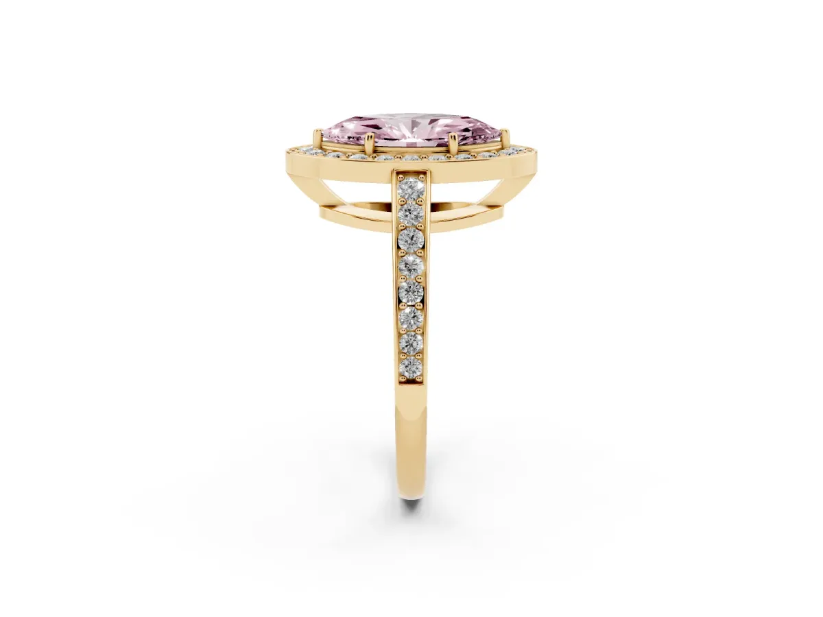 Fancy Pink Marquise Cut Halo Pavé Diamond Engagement Ring with Bezel Setting Yellow gold