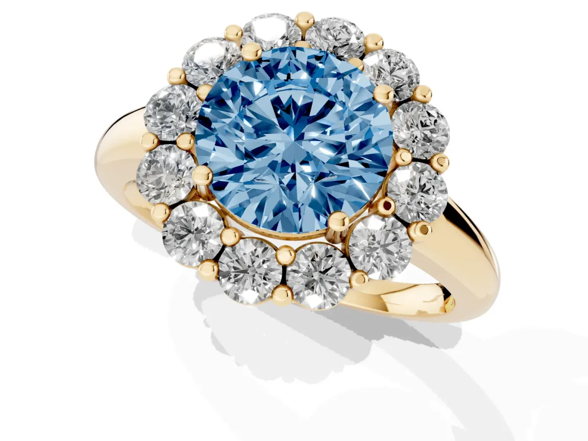 Fancy Blue Round Cut Halo Cluster Diamond Engagement Ring with Prong Setting and Polished Band Yellow gold