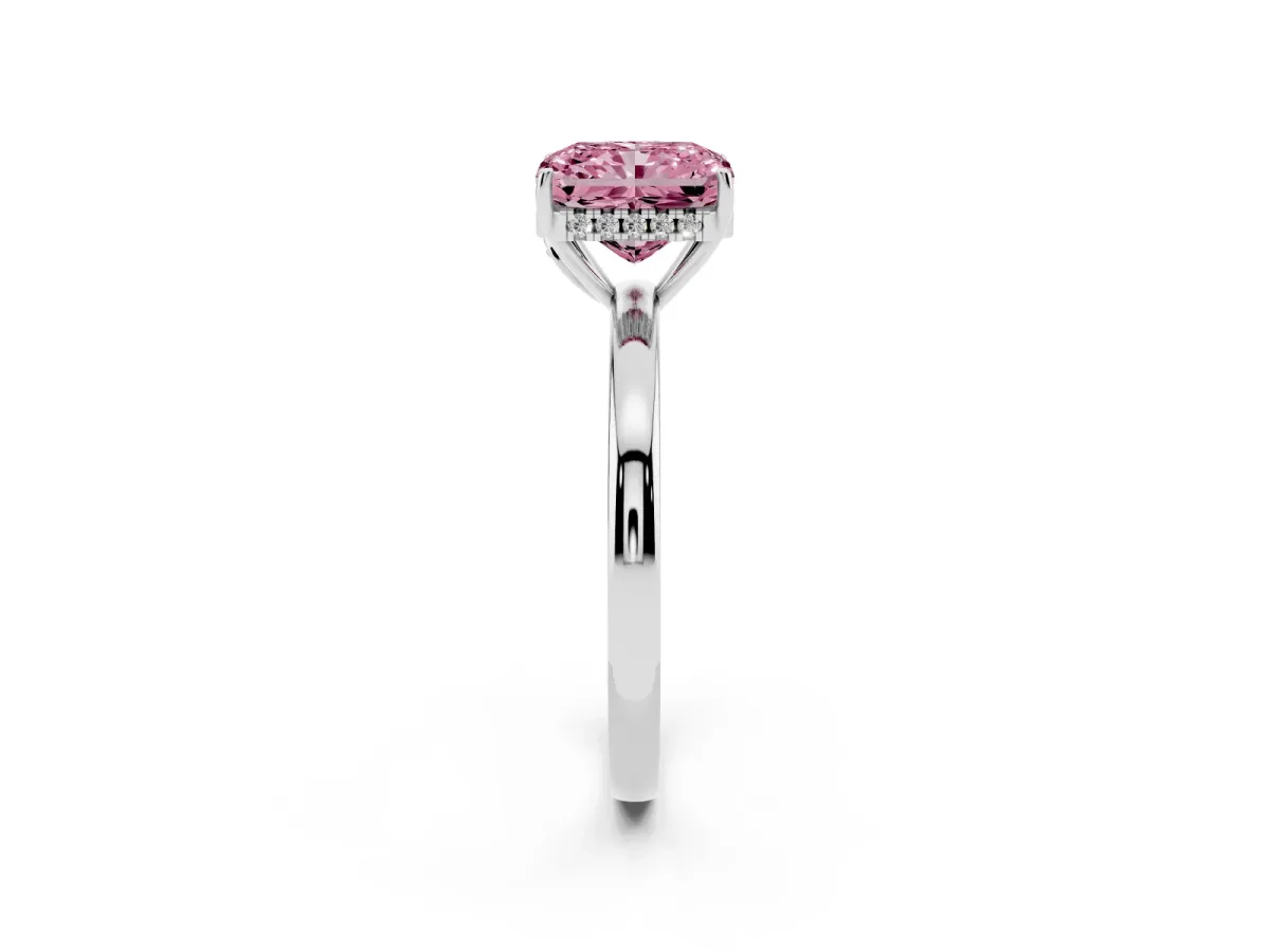 Fancy Pink Radiant Cut Solitaire Diamond Ring with Prong Setting and Plain Band Platinum