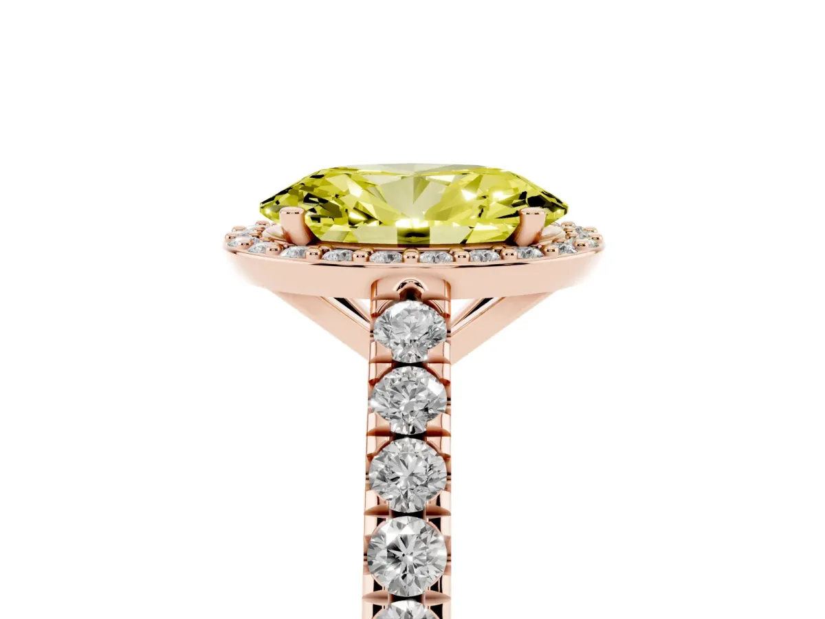 Fancy Yellow Oval Cut Cut Halo Diamond Engagement Ring with Pave Band and Four-Prong Setting Rose gold