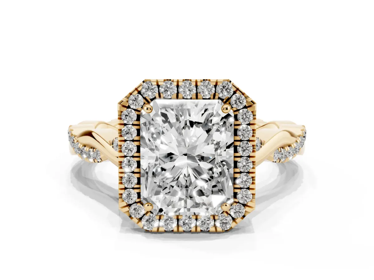 Radiant Cut Halo Twist Band Solitaire Ring Yellow gold