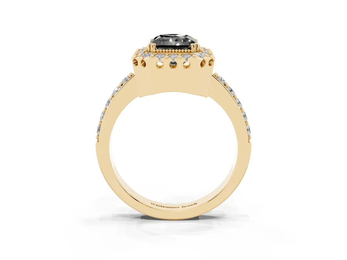 Fancy Black Radiant Cut Diamond Halo Ring with Pavé Band and Prong Setting Yellow gold