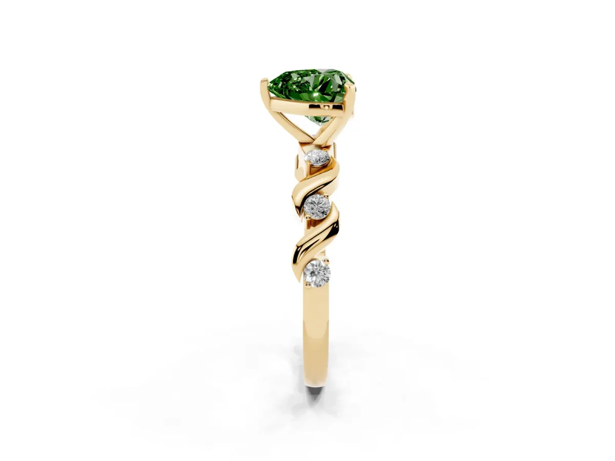Fancy Green Heart Cut Diamond Solitaire Twisted Band with Round Accents and Prong Setting Yellow gold