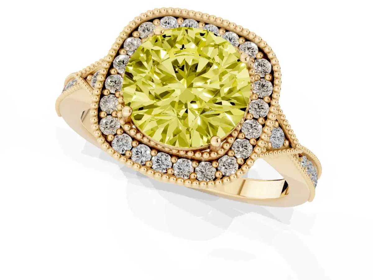 Fancy Yellow Round Cut Halo Round Diamond Milgrain Pave Engagement Ring Yellow gold