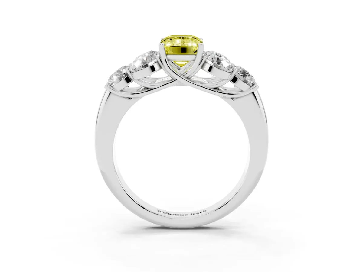 Fancy Yellow Emerald Cut Cut Diamond Cluster Ring with Round Accent Stones and Prong Setting on a Classic Band Silver
