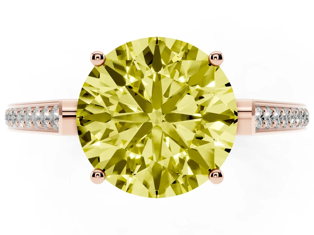 Fancy Yellow Round Cut Cut Cathedral Pave Diamond Engagement Ring with Six-Prong Setting Rose gold