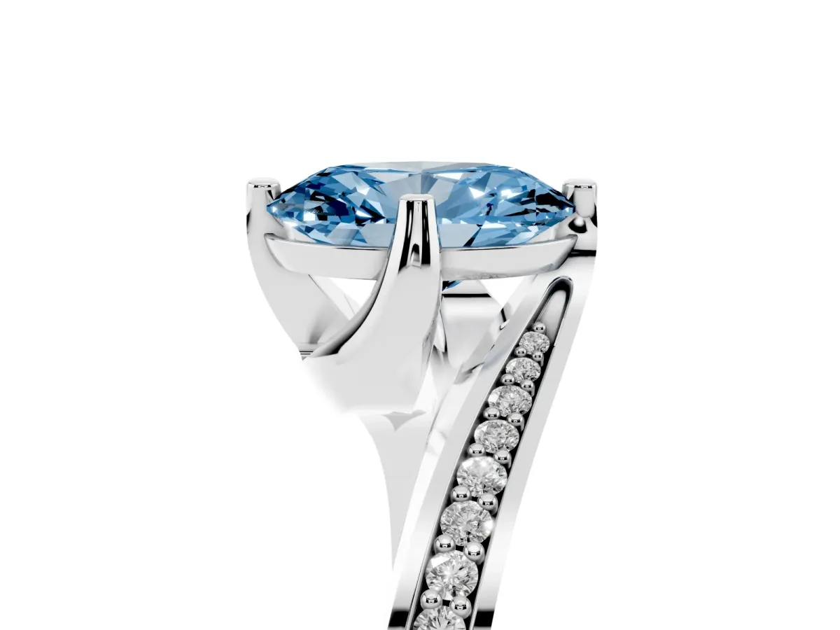 Fancy Blue Oval Cut Solitaire Diamond Twist Band with Pavé Setting and Four-Prong Setting Silver