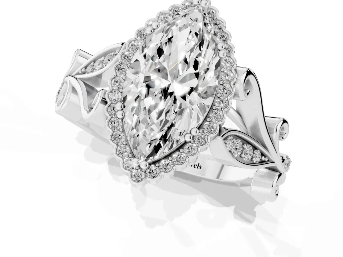 Marquise Cut Diamond Halo Ring with Vintage Split Shank and Four-Prong Setting Silver