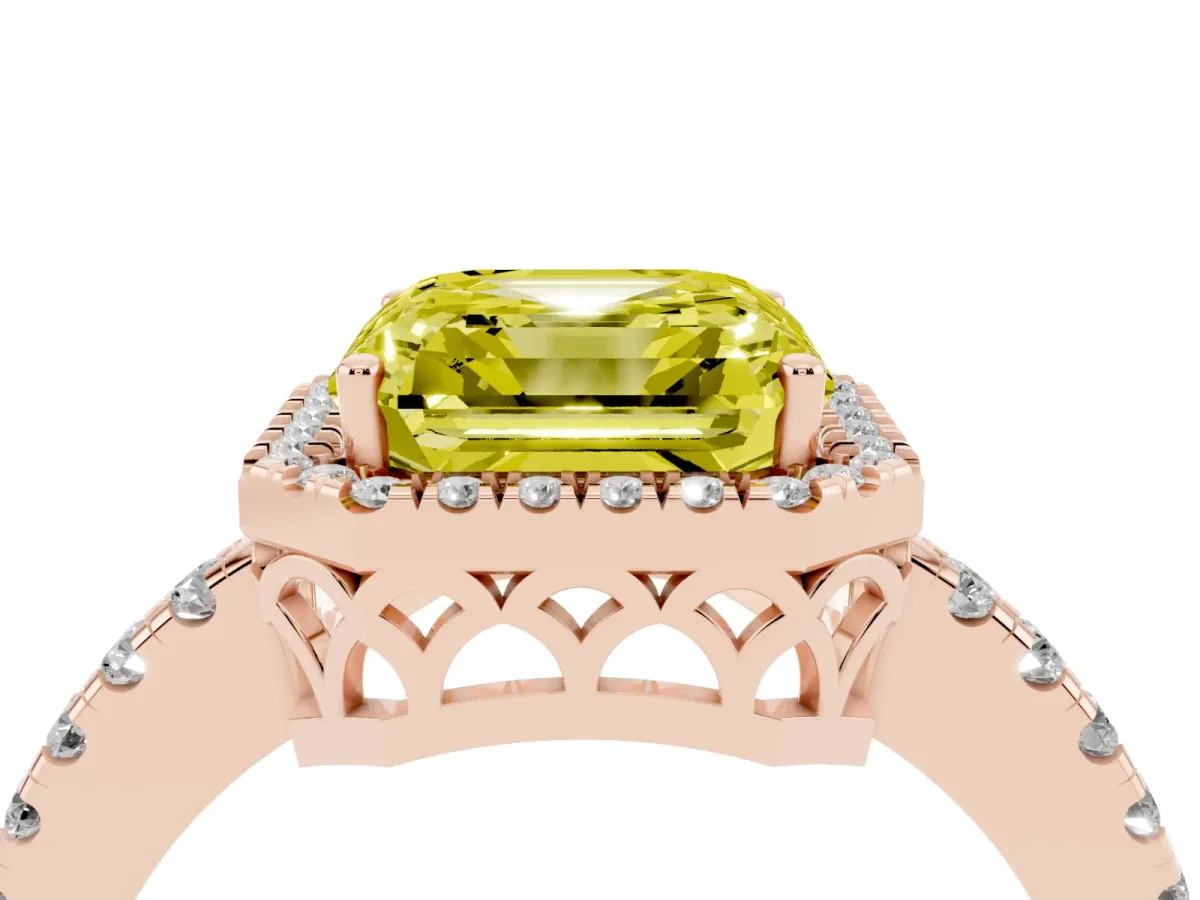 Fancy Yellow Asscher Cut Halo Diamond Engagement Ring with Pavé Band and Four-Prong Setting Rose gold