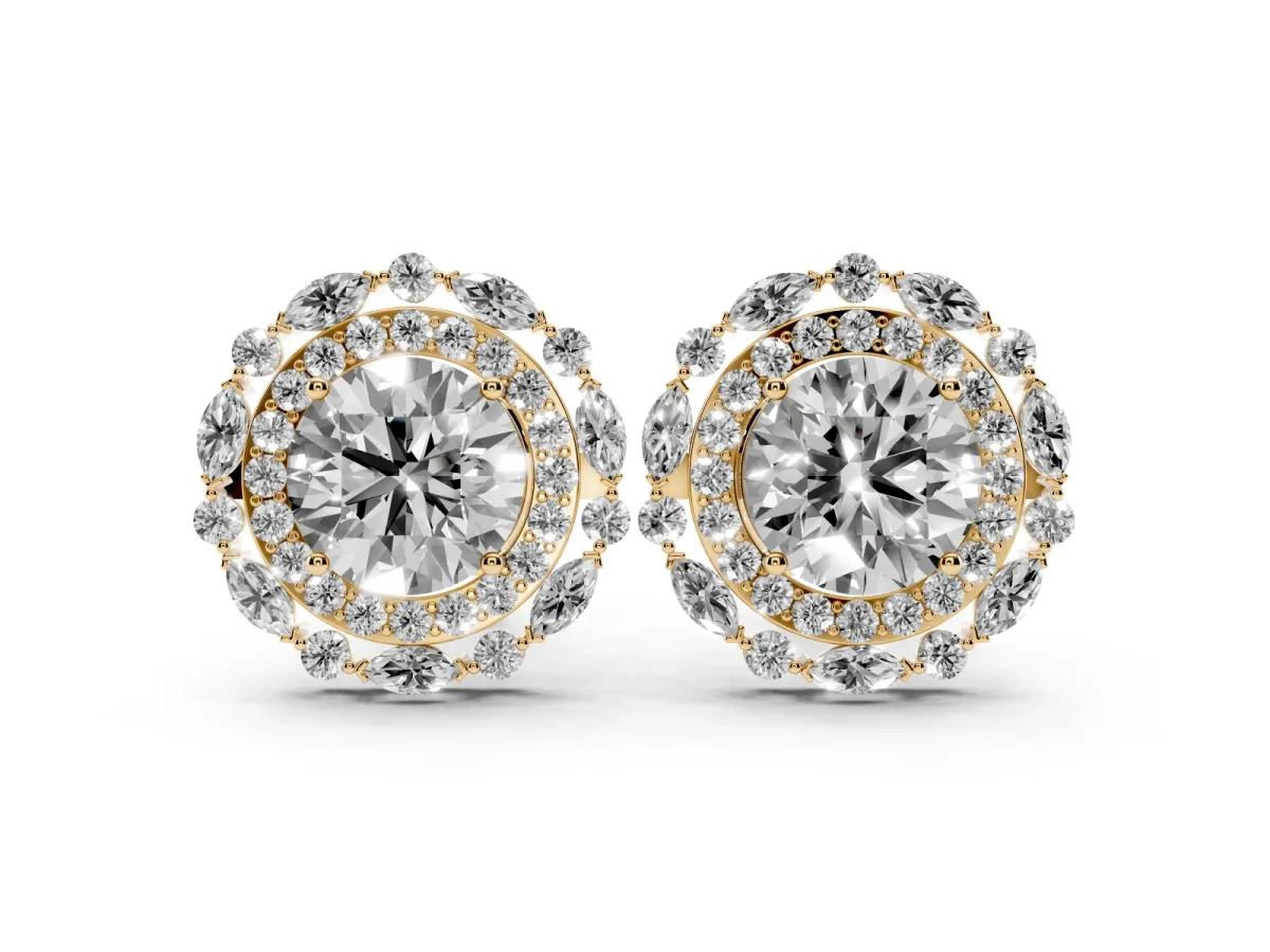 Round Diamond Double Halo Stud Earrings with Prong Setting Yellow gold