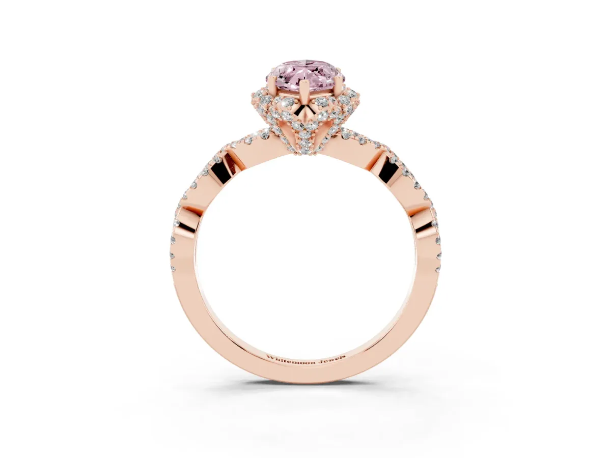 Fancy Pink Marquise Cut Halo Twist Band Solitaire Ring with Six-Prong Setting Rose gold