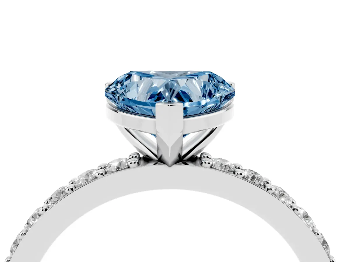 Fancy Blue Heart Cut Cut Diamond Solitaire with Pave Band and Four-Prong Setting Silver