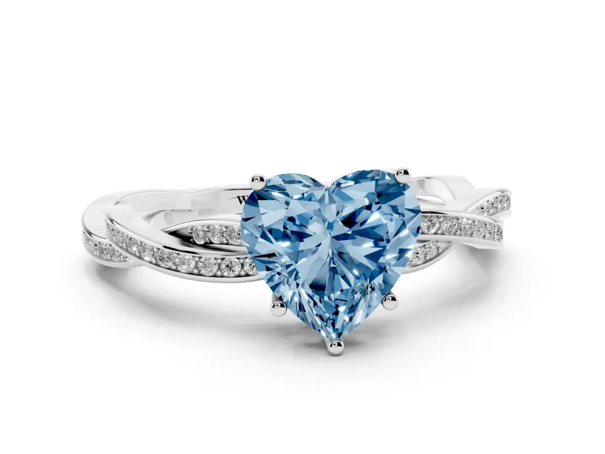 Fancy Blue Heart Cut Solitaire Twisted Pave Diamond Ring with Four-Prong Setting Silver