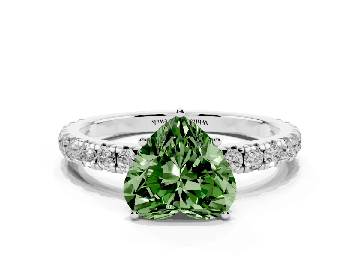 Fancy Green Heart Cut Diamond Pavé Solitaire Engagement Ring with Four-Prong Setting Silver