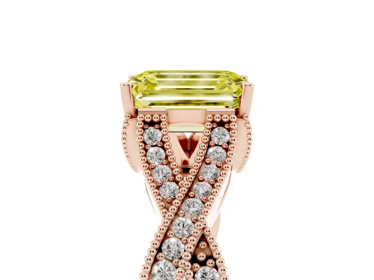 Fancy Yellow Emerald Cut Cut Diamond Twisted Band with Milgrain Pave Setting and Four-Prong Setting Rose gold