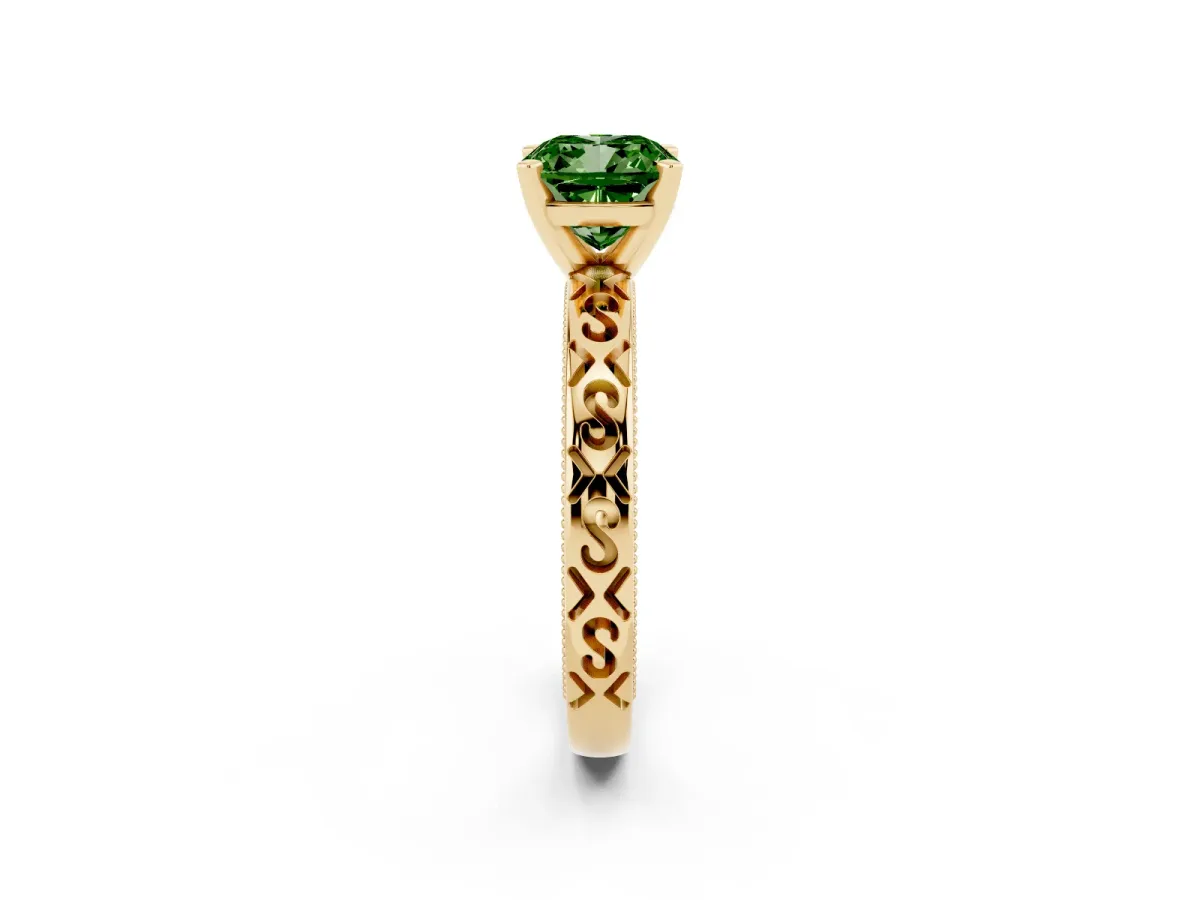 Fancy Green Cushion Cut Solitaire Engagement Ring with Scrollwork Band and Four-Prong Setting Yellow gold