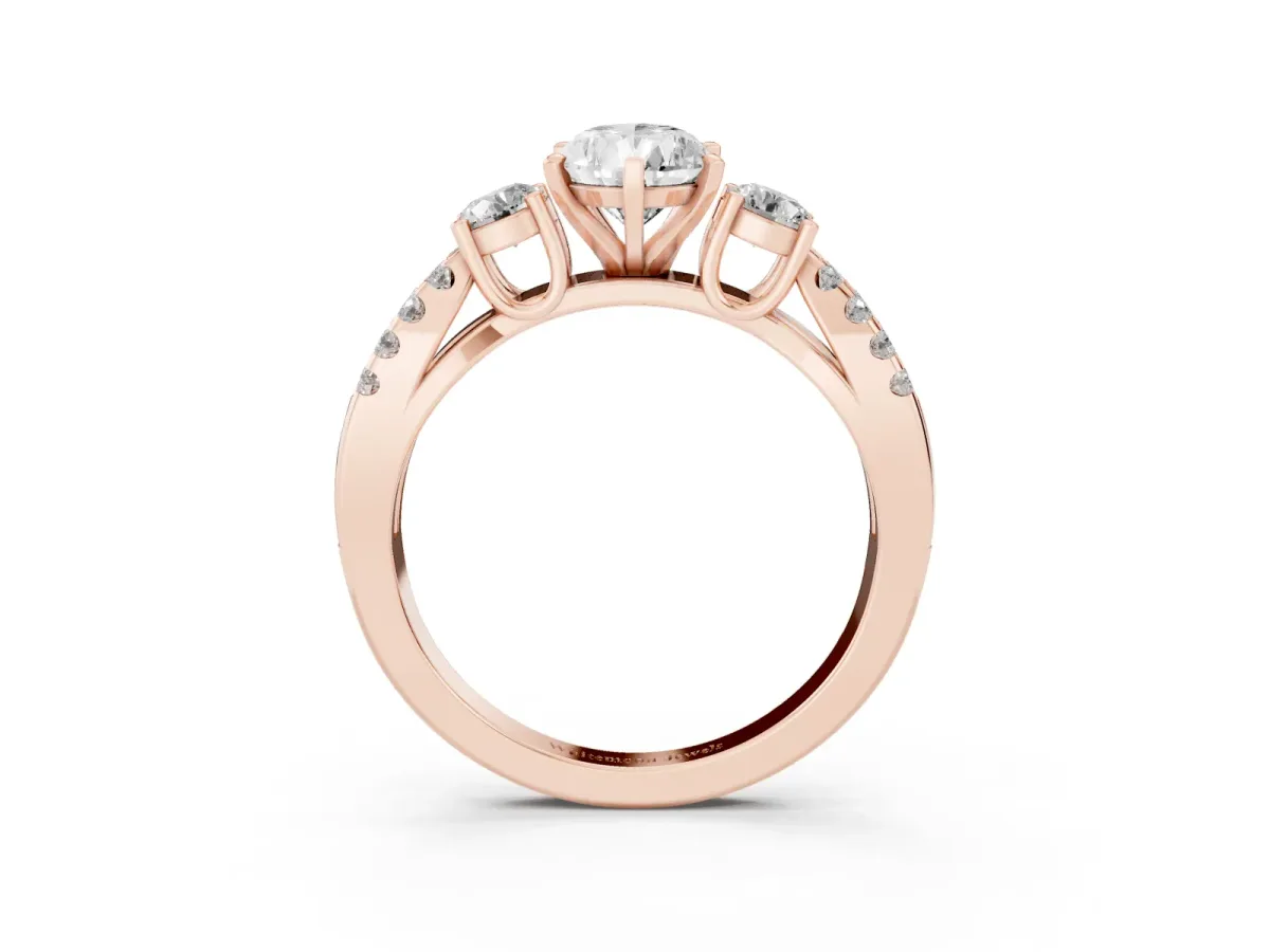 Pear Cut Diamond Three-Stone Ring with Pavé Split Shank and Four-Prong Setting Rose gold
