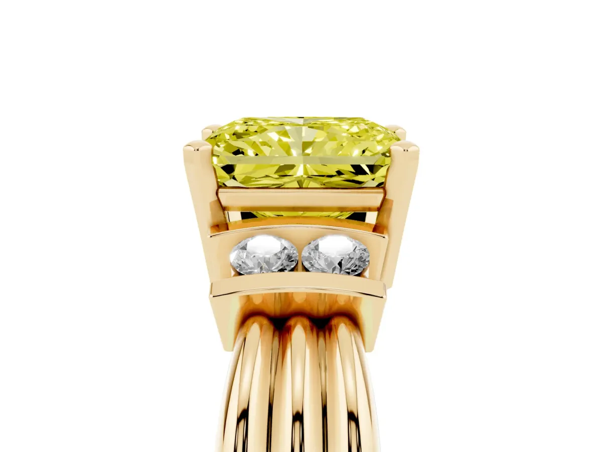 Fancy Yellow Radiant Cut Cut Three-Stone Channel Set Ring with Bar Prongs Yellow gold