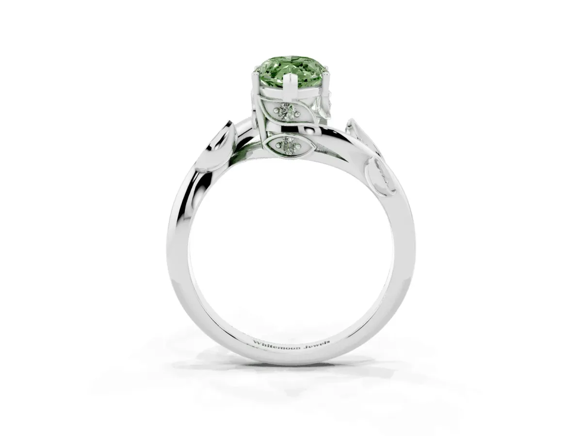Fancy Green Marquise Cut Solitaire Twist Engagement Ring with Leaf Accents and Prong Setting Platinum