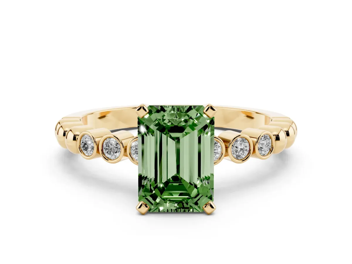 Fancy Green Emerald Cut Solitaire Bezel Accent Diamond Engagement Ring with Beaded Band and Four-Prong Setting Yellow gold