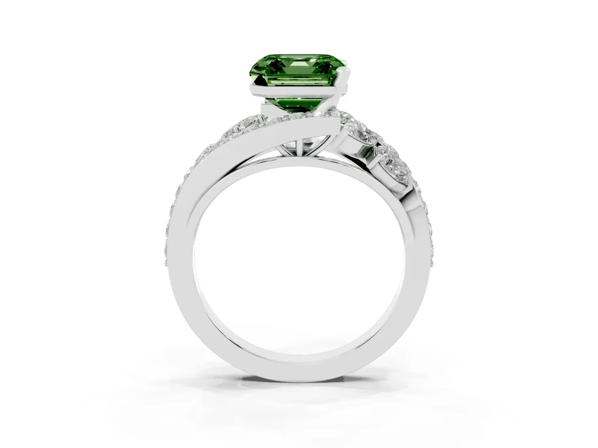 Fancy Green Asscher Cut Diamond Halo Ring with Marquise and Pavé Band in Prong Setting Platinum