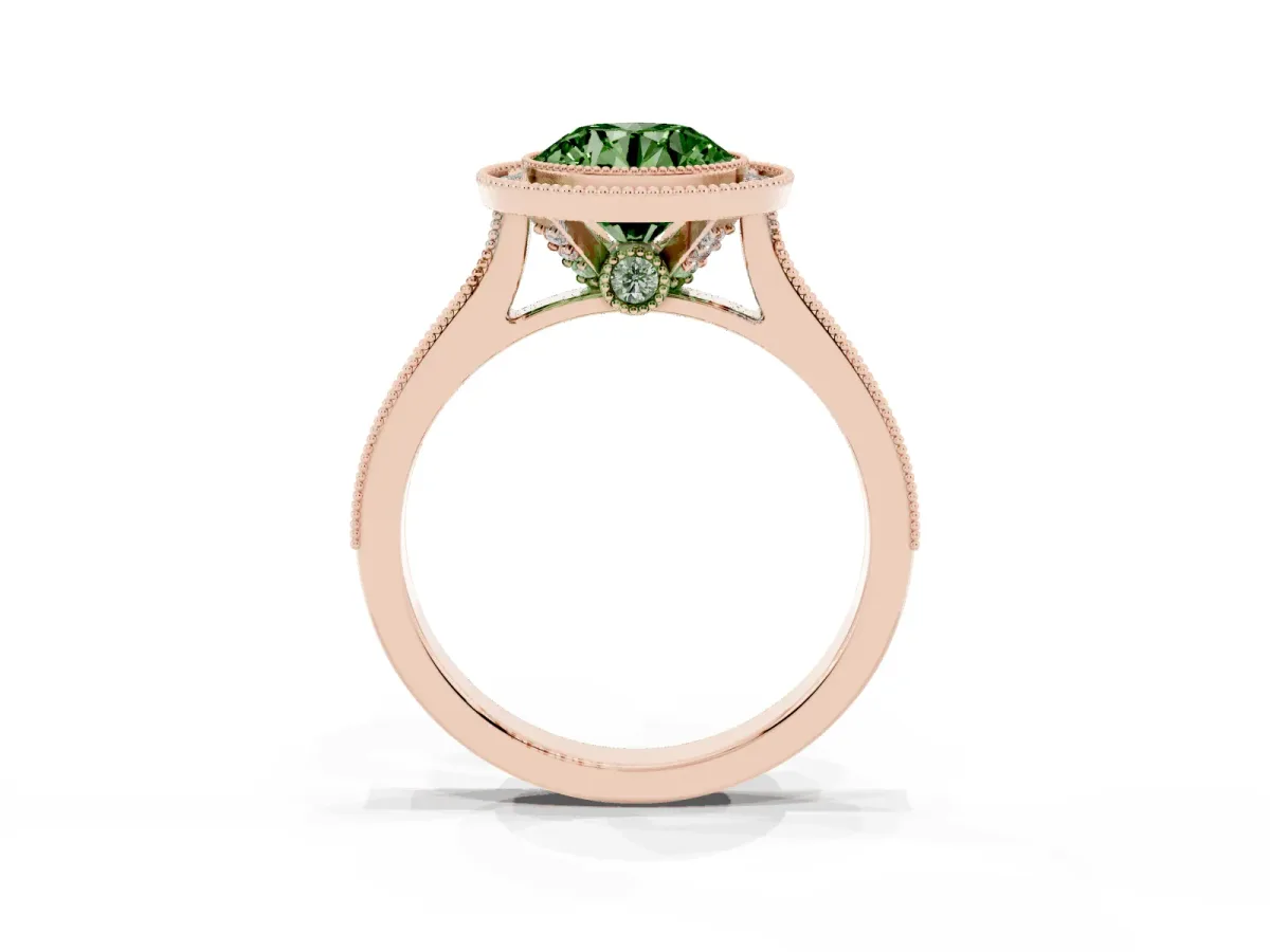 Fancy Green Halo Round Cut-Cut Diamond Pave Band Milgrain Prong Setting Ring Rose gold