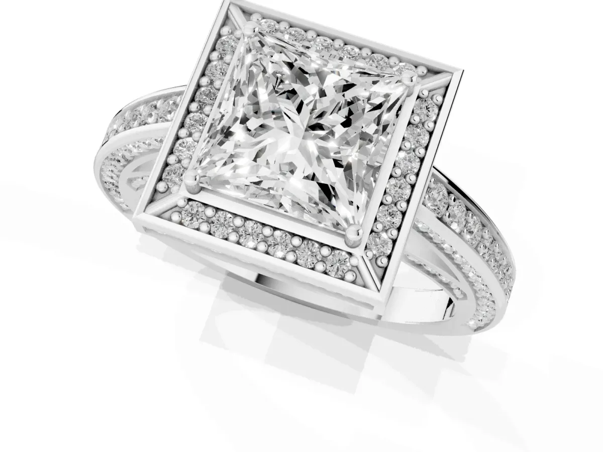 Princess Cut Cut Halo Pave Split Shank Prong Setting Ring Platinum