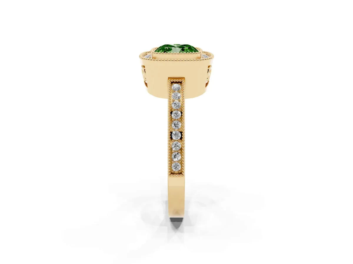 Fancy Green Cushion Cut Cut Halo Diamond Ring with Pavé Band and Milgrain Prong Setting Yellow gold