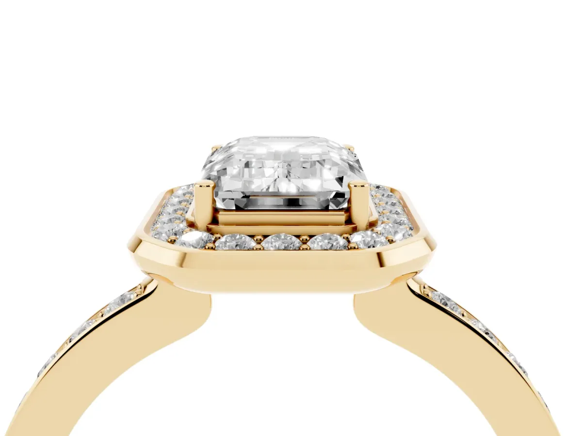 Emerald Cut Diamond Halo Ring with Bezel Frame and Pavé Band Yellow gold