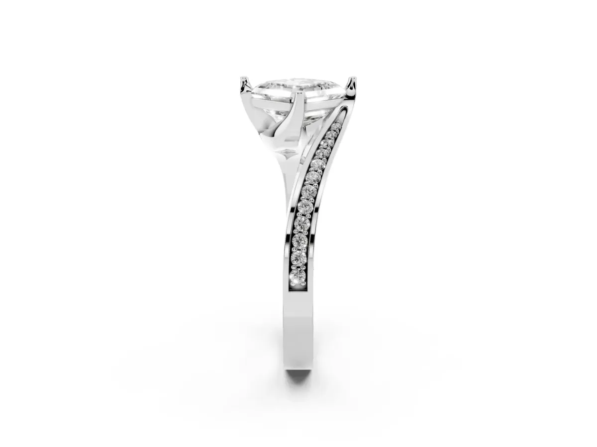 Asscher Cut Solitaire Diamond Twist Band with Pavé Setting and Four-Prong Setting Silver