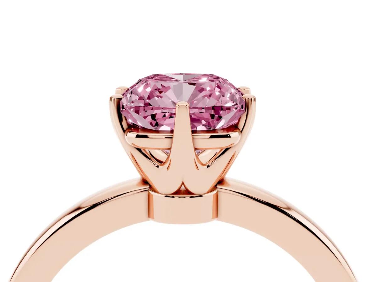Fancy Pink Cushion Cut Solitaire Diamond Ring with Six-Prong Setting on a Classic Band Rose gold