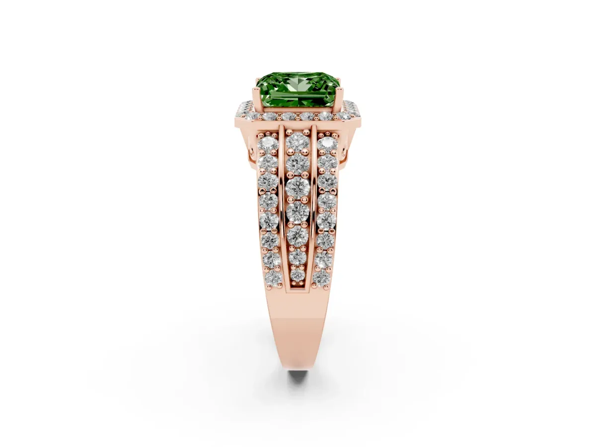 Fancy Green Princess Cut Halo Diamond Ring with Round Split Shank and Prong Setting Rose gold