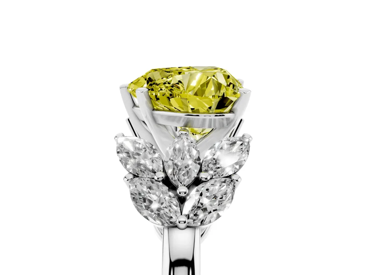 Fancy Yellow Heart Cut Diamond Cluster Leaf Design Ring with Prong Setting Silver