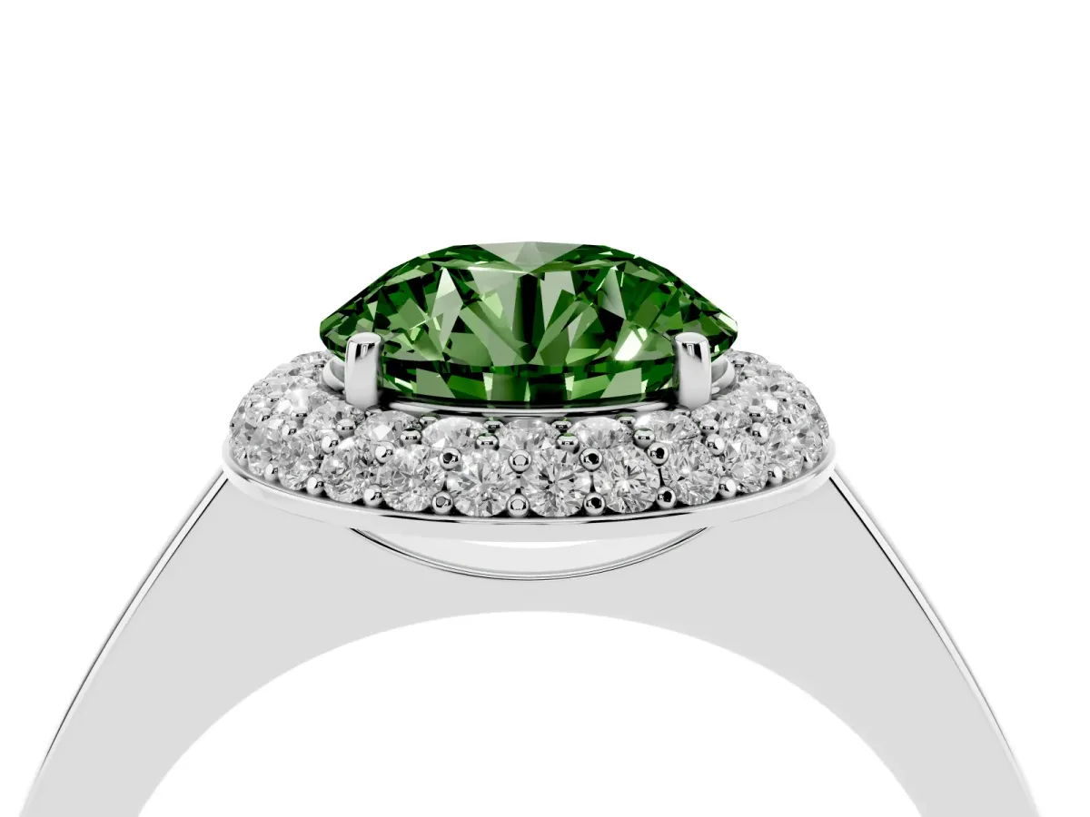 Fancy Green Round Cut Halo Diamond Engagement Ring with Solitaire Band and Four-Prong Setting Platinum