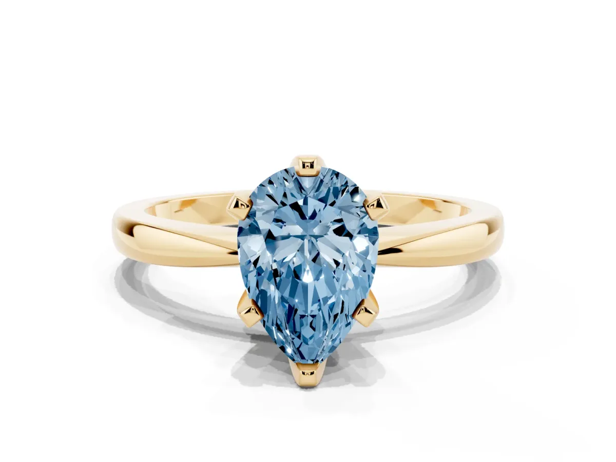 Fancy Blue Pear Cut Solitaire Engagement Ring with Six-Prong Setting and Tapered Band Yellow gold