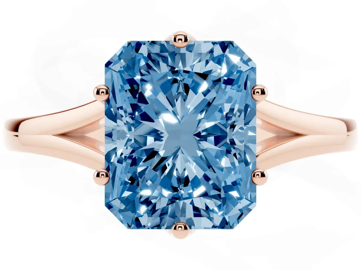 Fancy Blue Radiant Cut Solitaire Diamond Ring with Six-Prong Setting and Tapered Band Rose gold